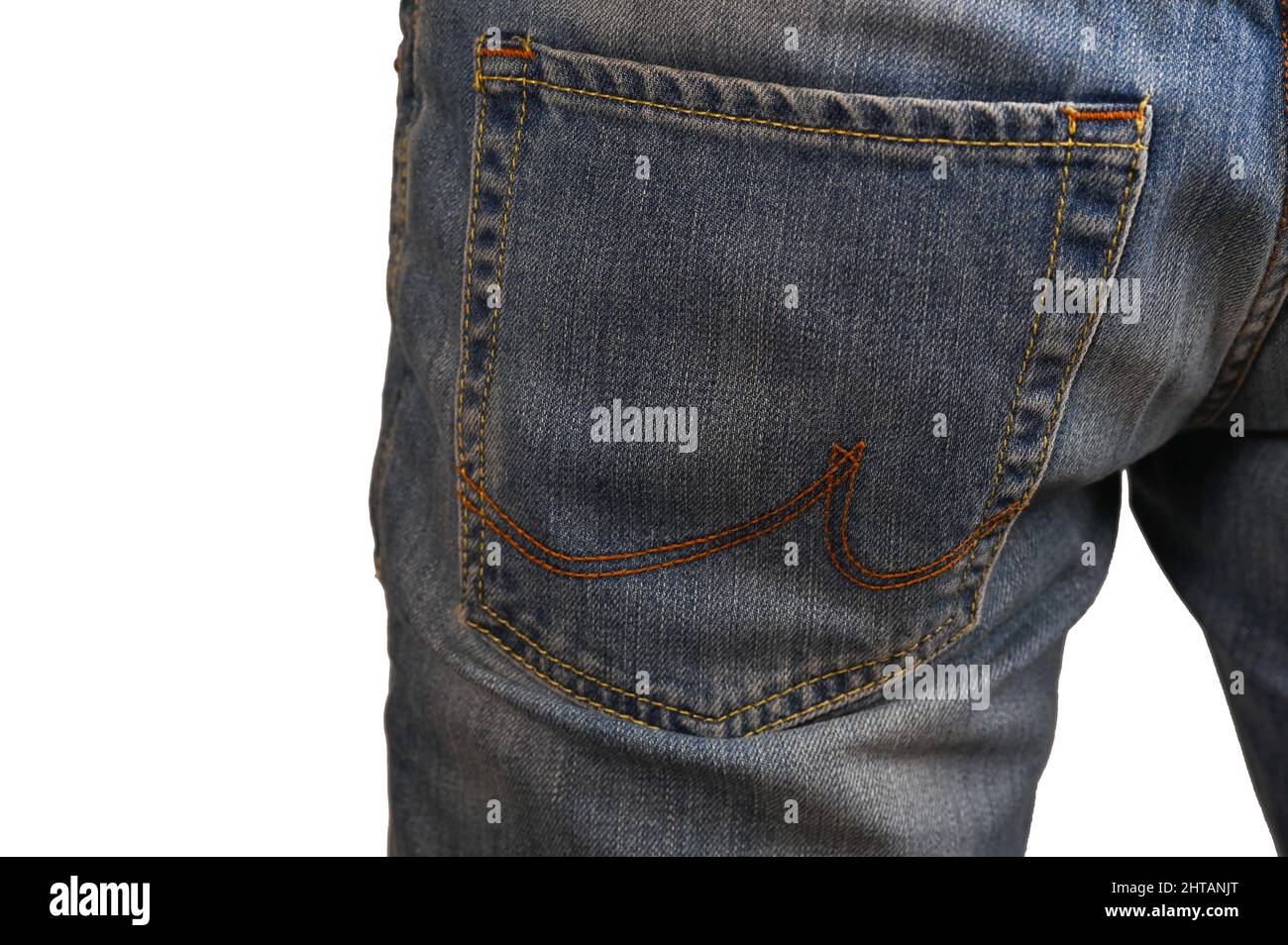 back pocket of blue jeans. isolated on a white backgroun Stock Photo