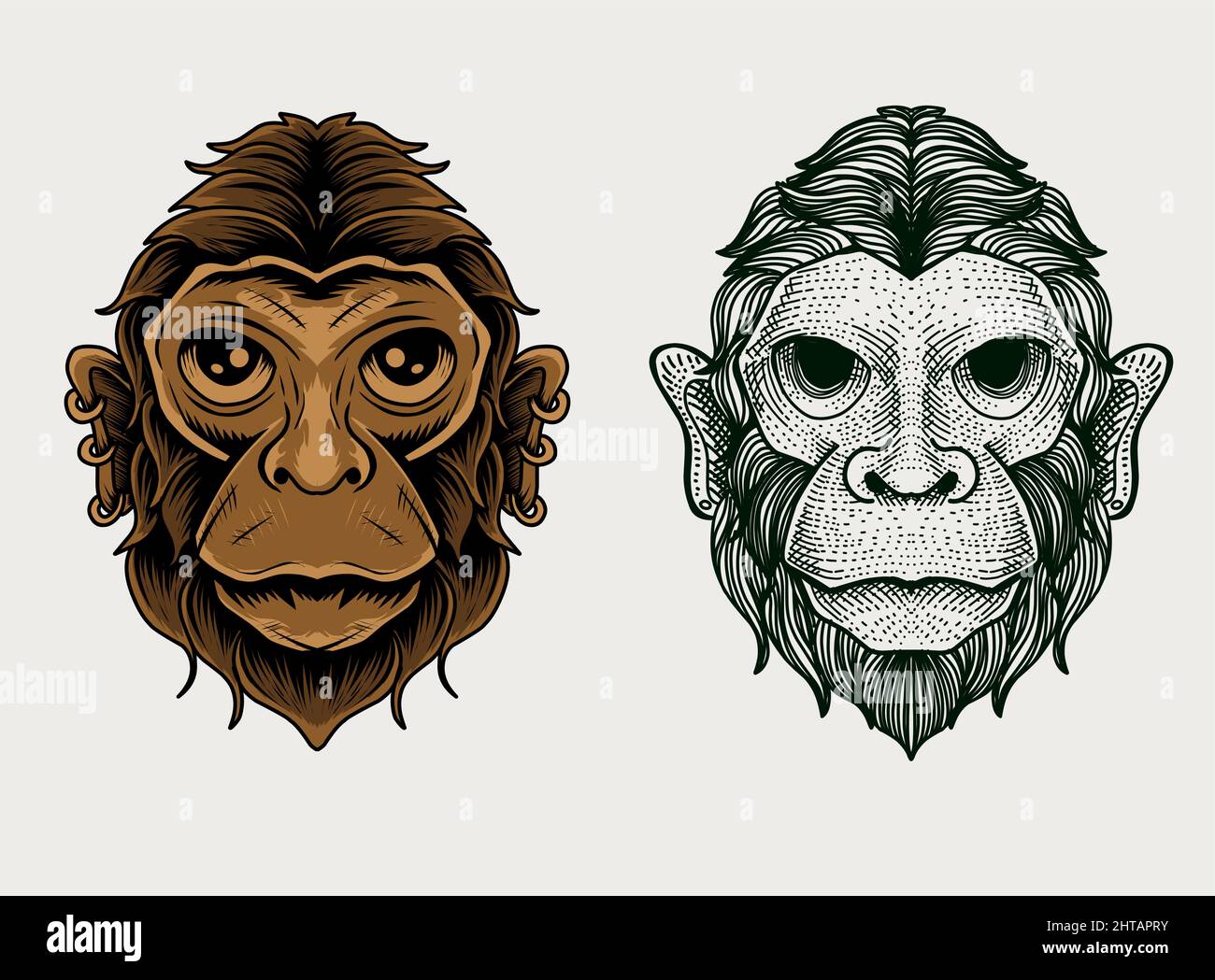 set monkey head engraving style - vector illustration Stock Vector