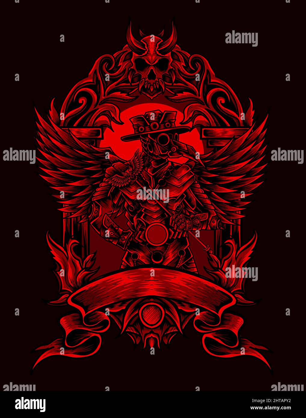 illustration vector plague doctor robotic costume with vintage ornament ...