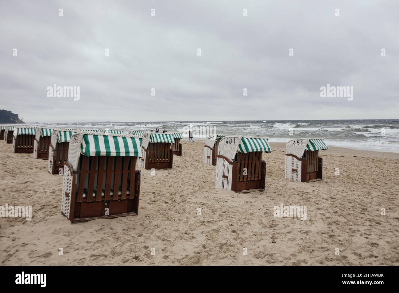 Closeup of rows of special German hooded windbreak seating furniture ...