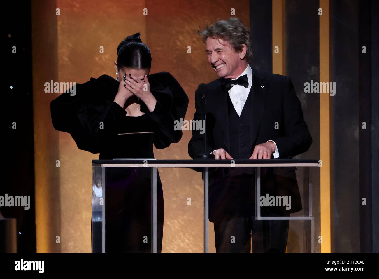 Selena Gomez and Martin Short on stage at the 28th Screen Actors Guild