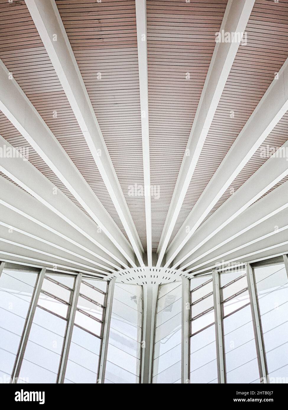 Vertical of panoramic windows under a wooden modern ceiling Stock Photo ...