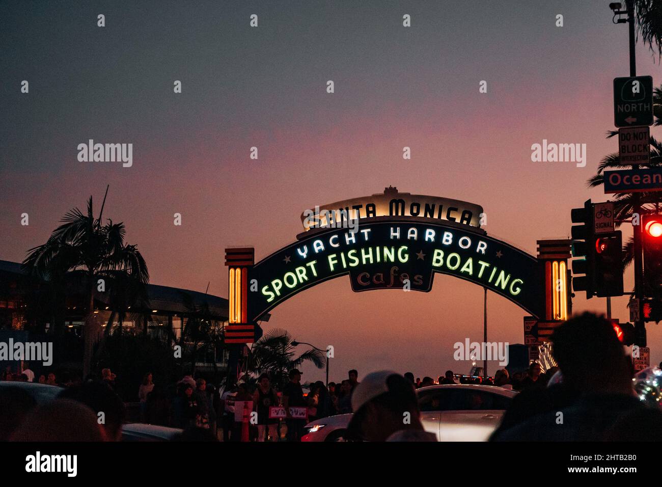 The gate to entry Santa Monica Pier with sunset view Stock Photo