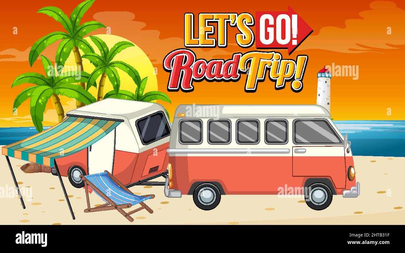 Summer road trip to the beach scene with icon illustration Stock Vector ...