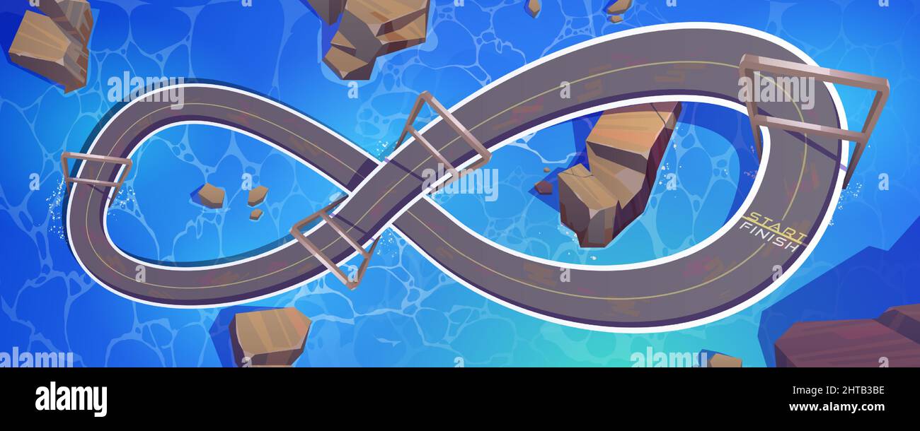 Race track for cars over sea water surface top view, road in shape of infinity sign with start and finish line. Cartoon background for game, racetrack aquatic location, asphalted vector way loop Stock Vector