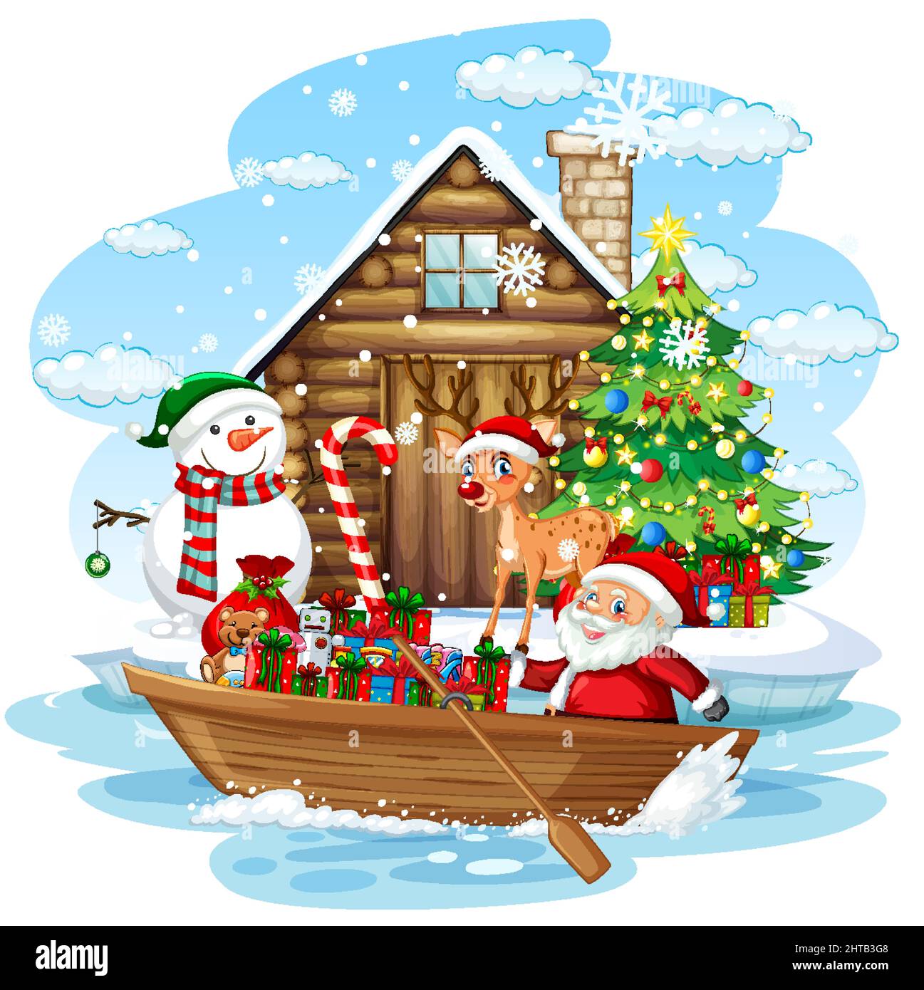 Santa Claus and elves delivering gifts by row boat illustration