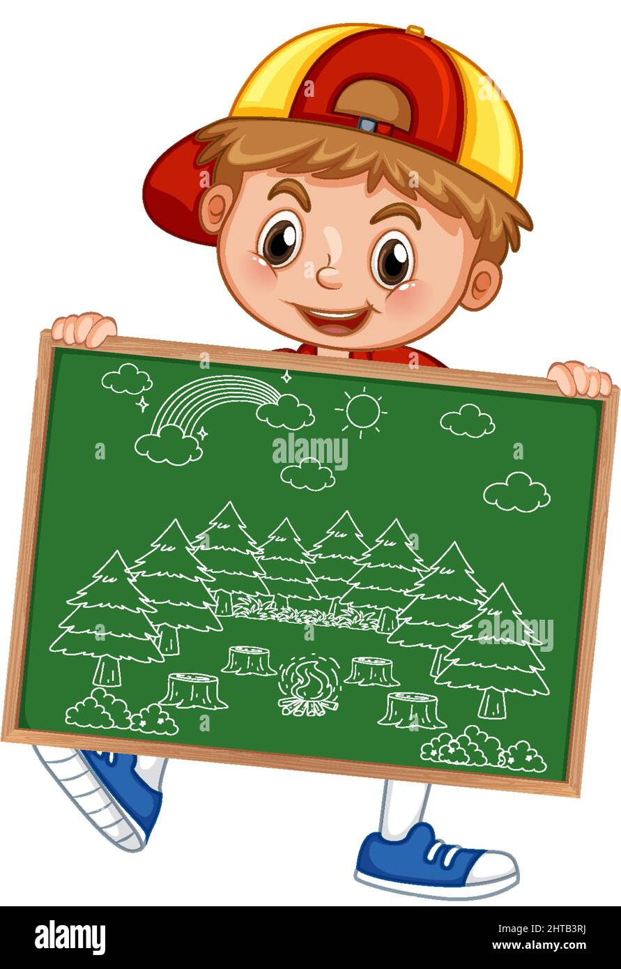 A boy holding board with a doodle sketch design on white background ...