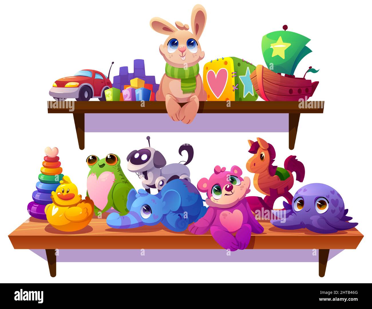 Kids toys, plush animals, car and wooden ship on shelves in child room, kindergarten or shop. Vector cartoon illustration of cute baby toys, soft bear, rabbit, blocks, pyramid, dog robot and duck Stock Vector