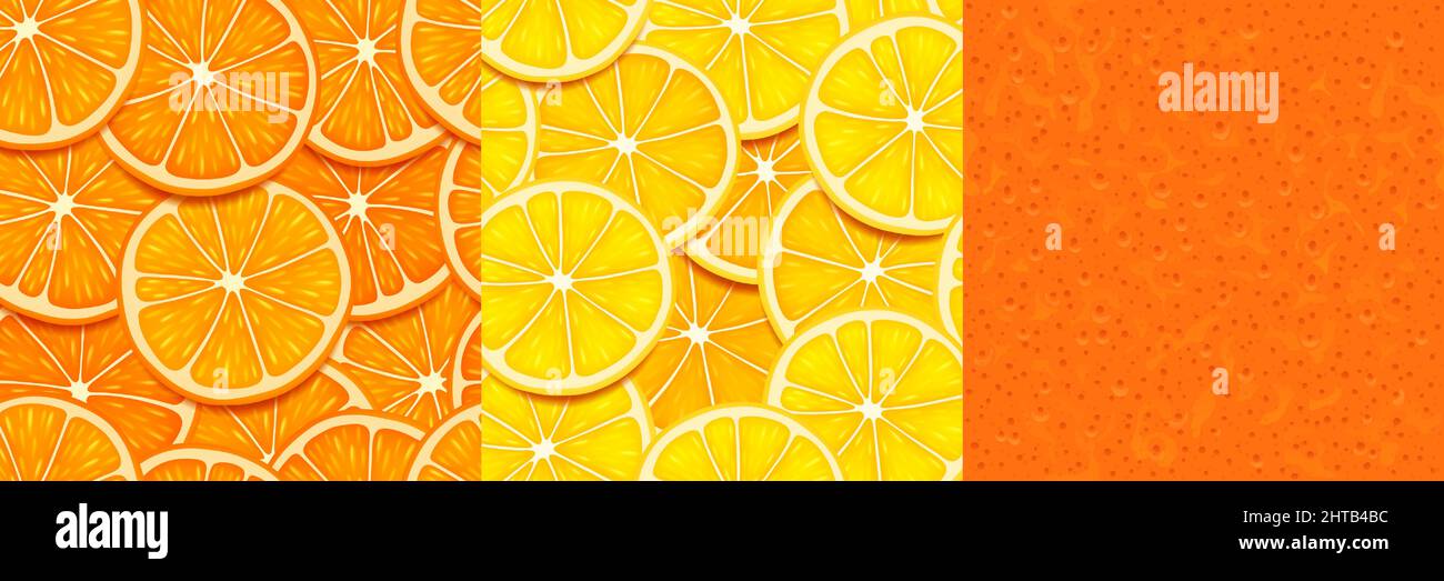 Textures of orange, lemon slices and peel. Seamless patterns with citrus fruit pieces and skin. Vector bright backgrounds of cut tropical fruit and orange rind for game design Stock Vector