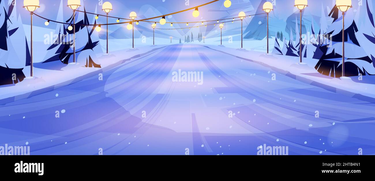 Ice slide on winter ski resort, iced slippery hill with light garlands