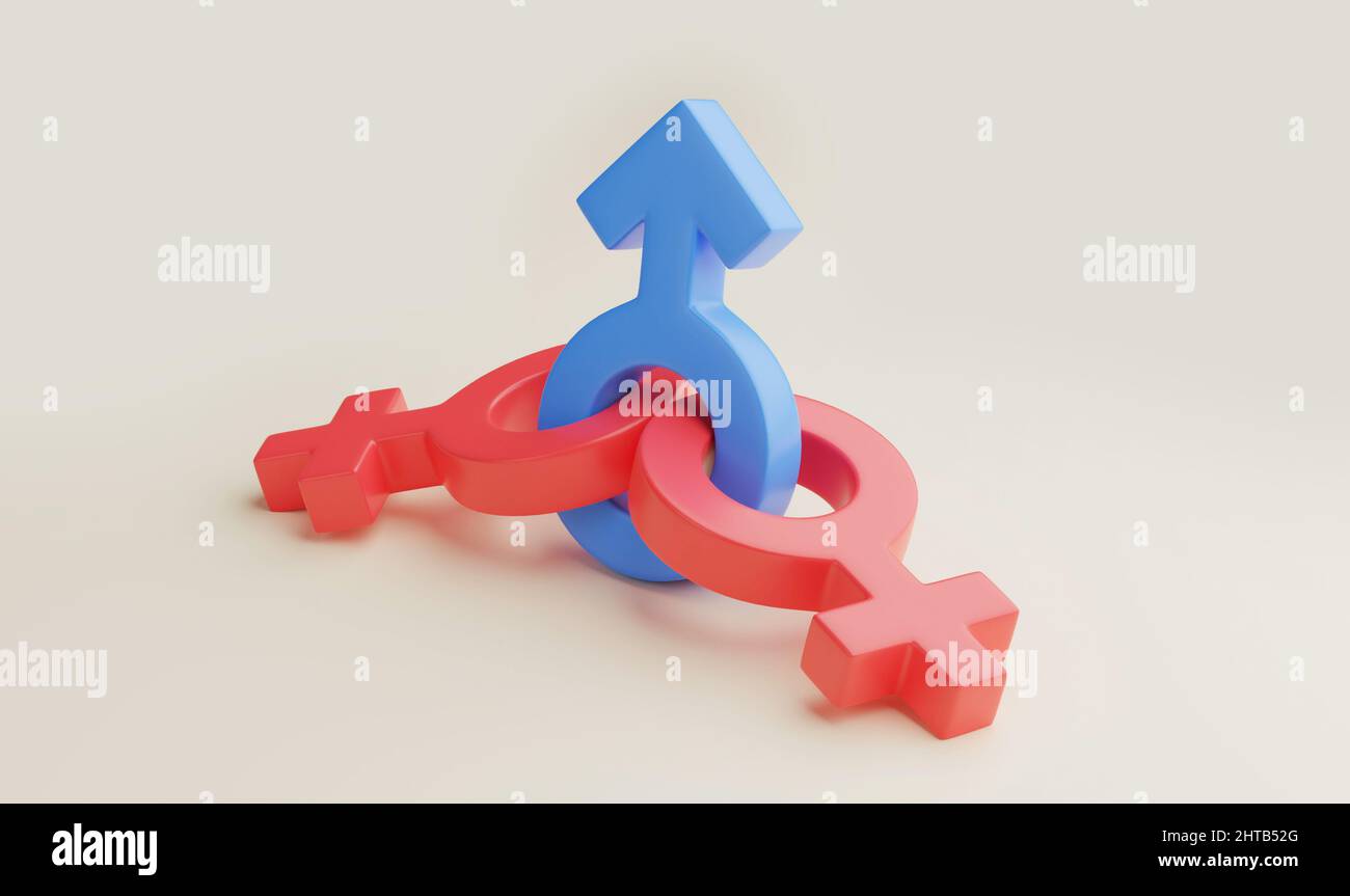 Polyamory. Lots of sexual partners. Gender symbol of a man and two women. 3d render. Stock Photo