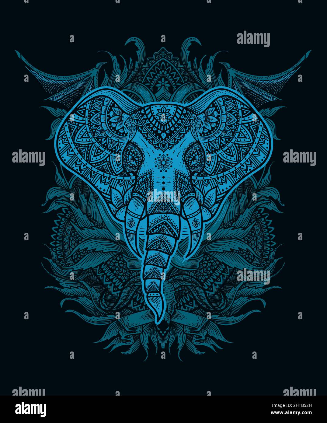 illustration vector elephant head mandala style with vintage engraving ...