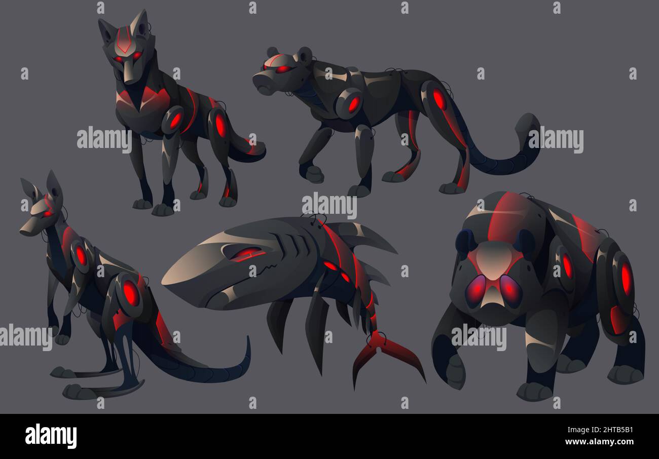 Evil animals robots wolf, puma, kangaroo, shark and grizzly bear. Robotics  mechanical monsters cyborgs with red glowing eyes and black mechanical  body. Cartoon electronic ai zoo machines, Vector set Stock Vector Image