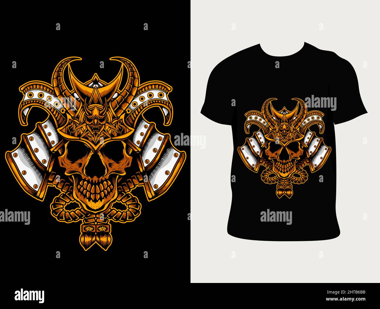 Illustration vector samurai skull head with t shirt design Stock Vector