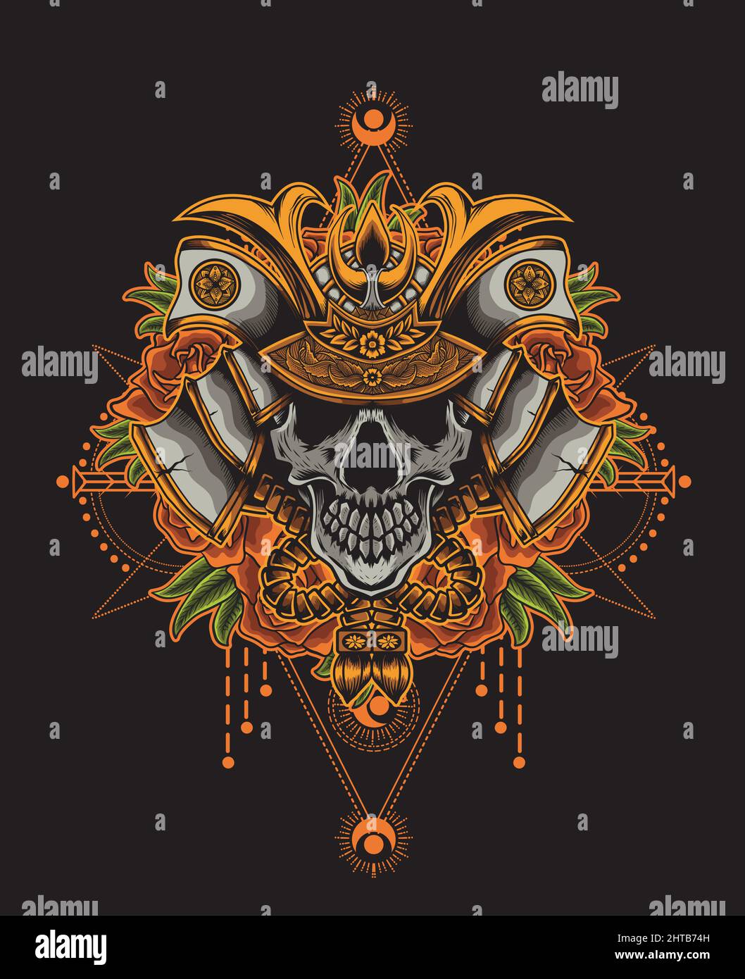 Illustration vector samurai skull head with rose flower Stock Vector