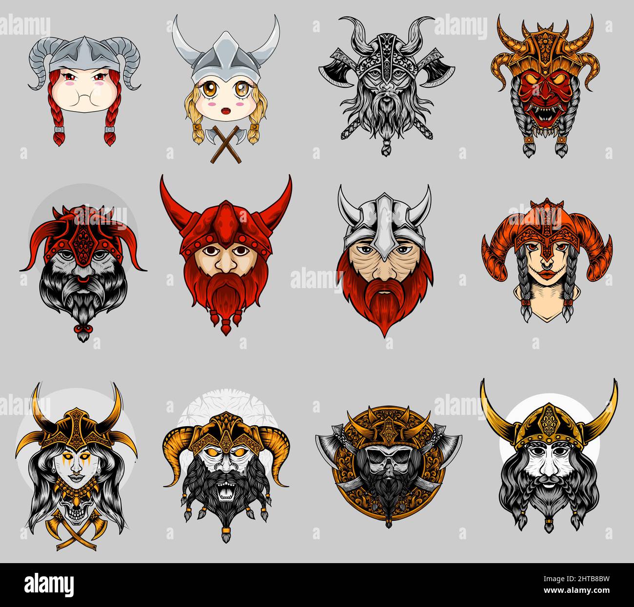 set 12 viking head on white background-vector Stock Vector