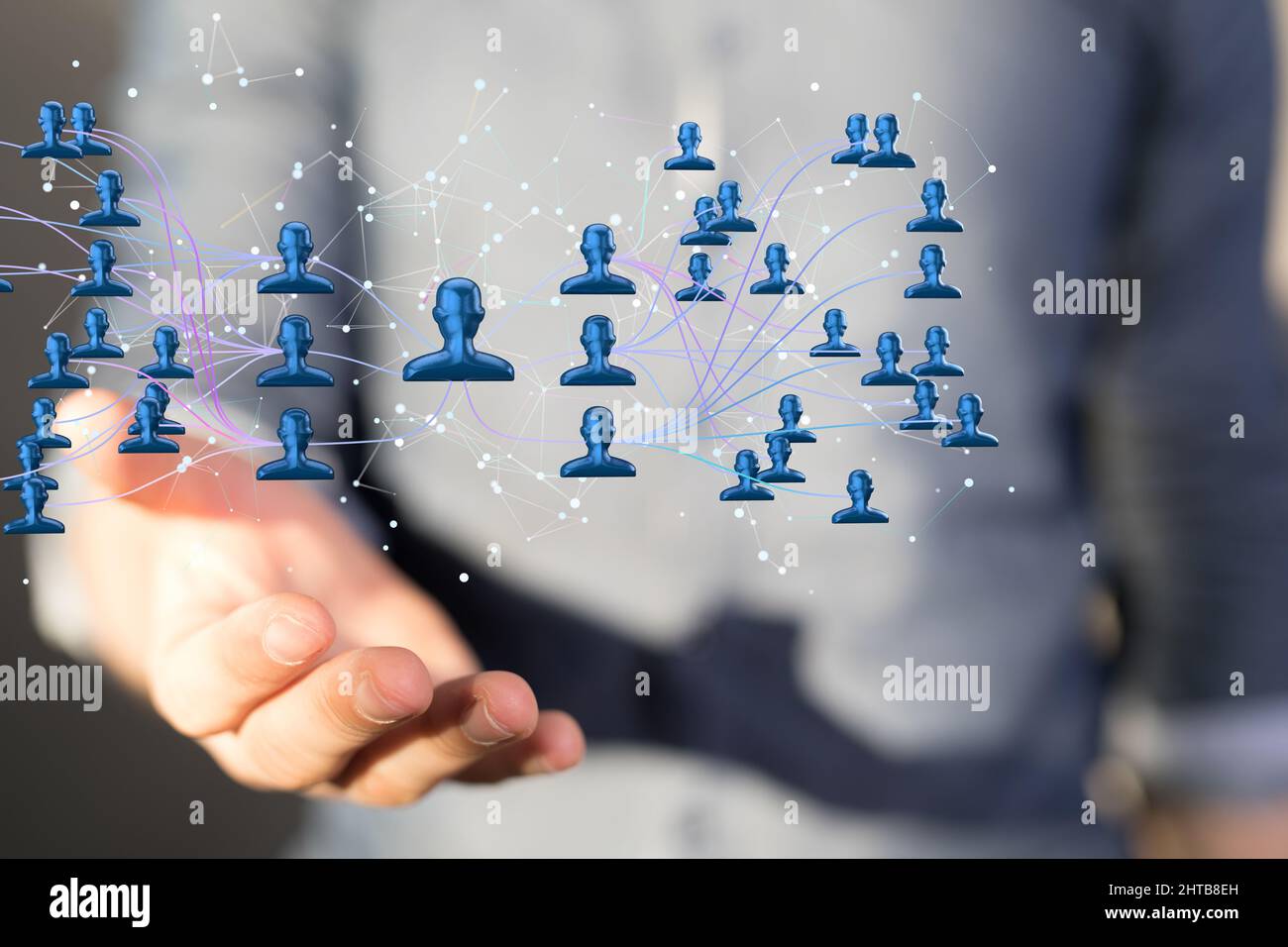 3D rendering of networking icons floating in the air with a hand ...