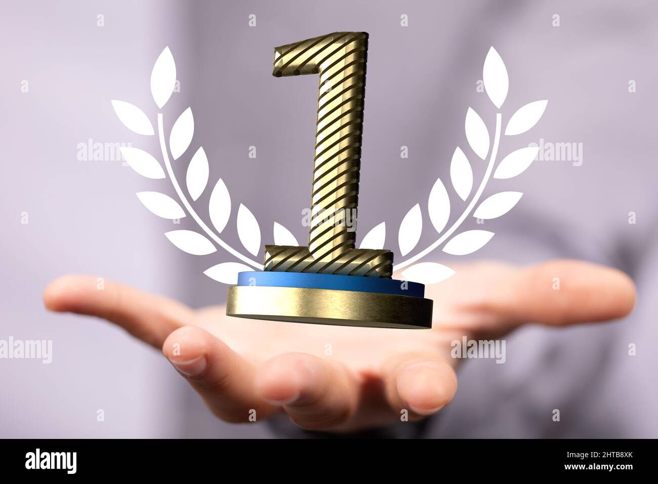 3D rendering of a gold 1st place trophy floating in the air with a man