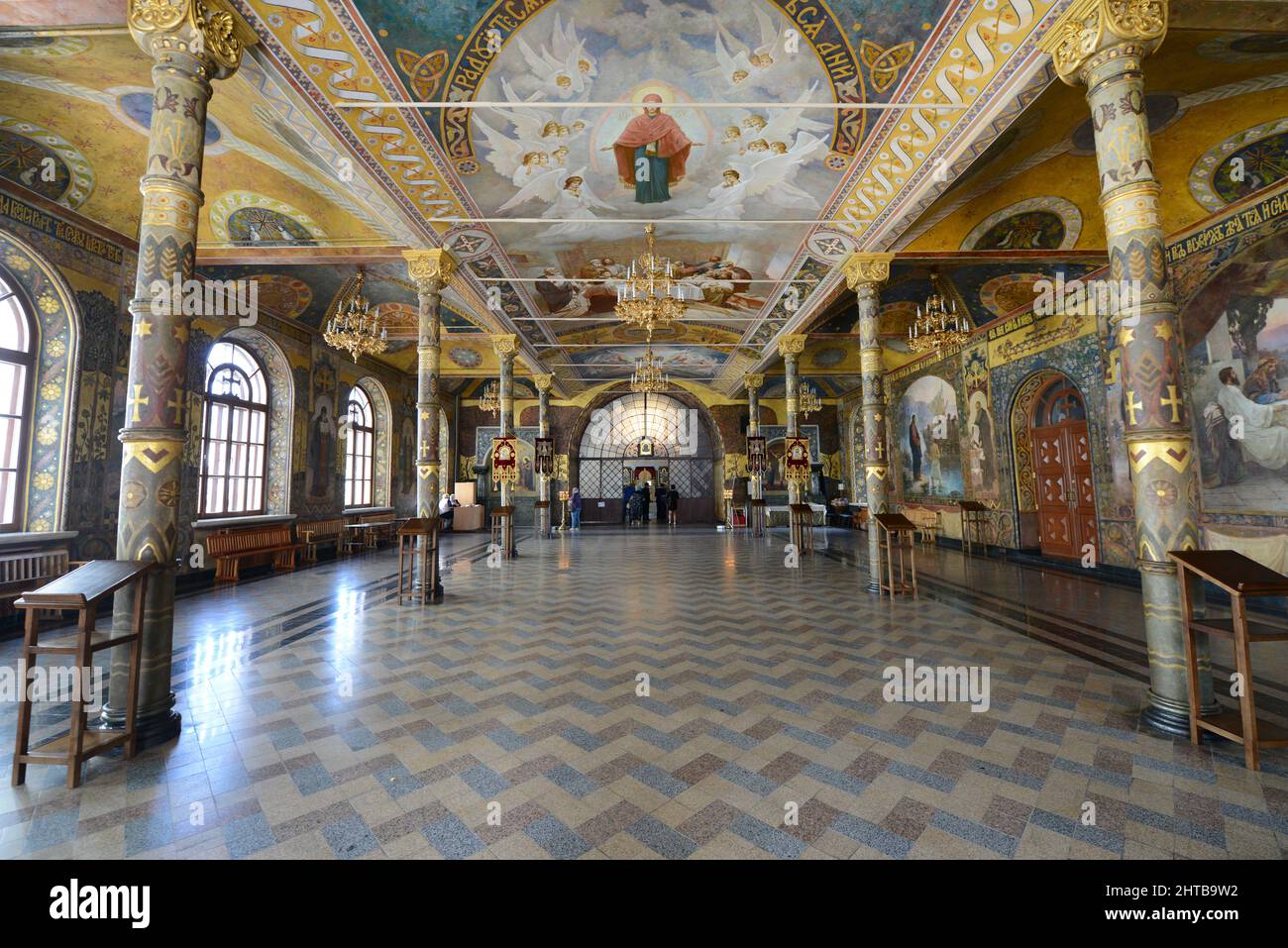 Interior of the Trapezna (Refectory) Church of Anthony and Theodosius of Ukrainian Orthodox Church at the Lavra monstery complex in Kyiv, Ukraine. Stock Photo