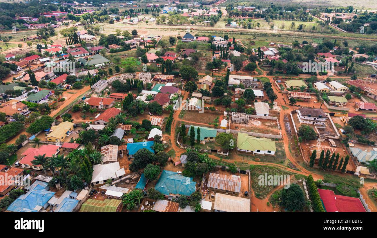 Aerial view of the colorful houses in Morogoro city, an agricultural