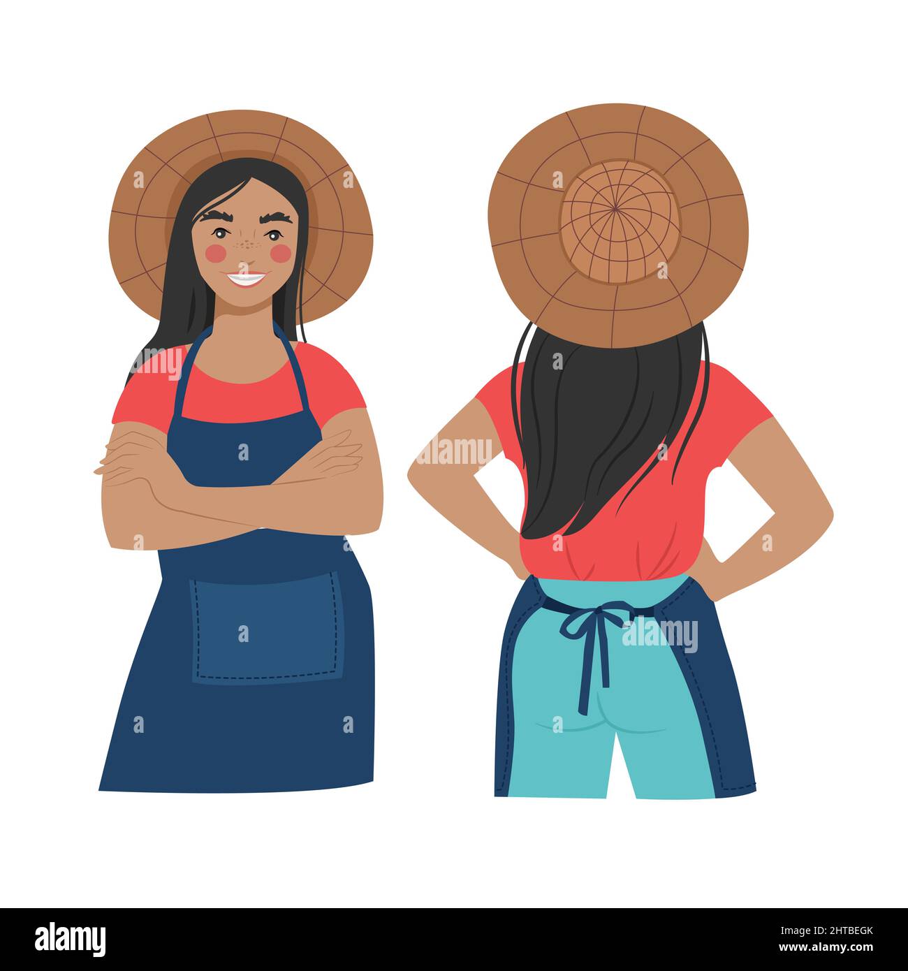 Young female gardener in a straw hat and garden apron. The girl crossed her arms over her chest. Front and rear view. Vector illustration Stock Vector