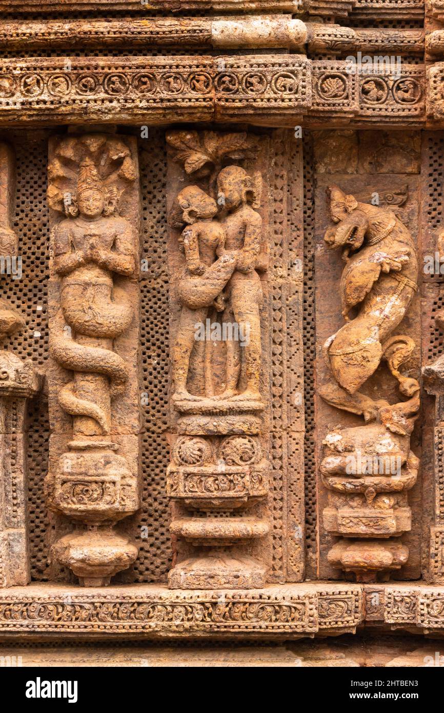 Closeup of the Naga and the Kamasutra on the Wall of sun temple, Odisha, India Stock Photo