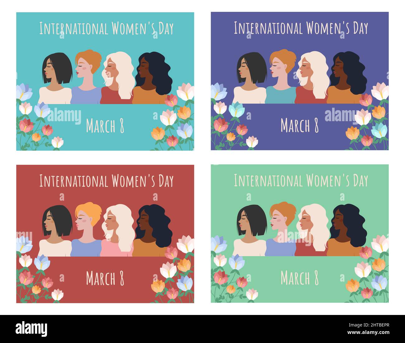 Set of postcards for International Womens Day. Women of different