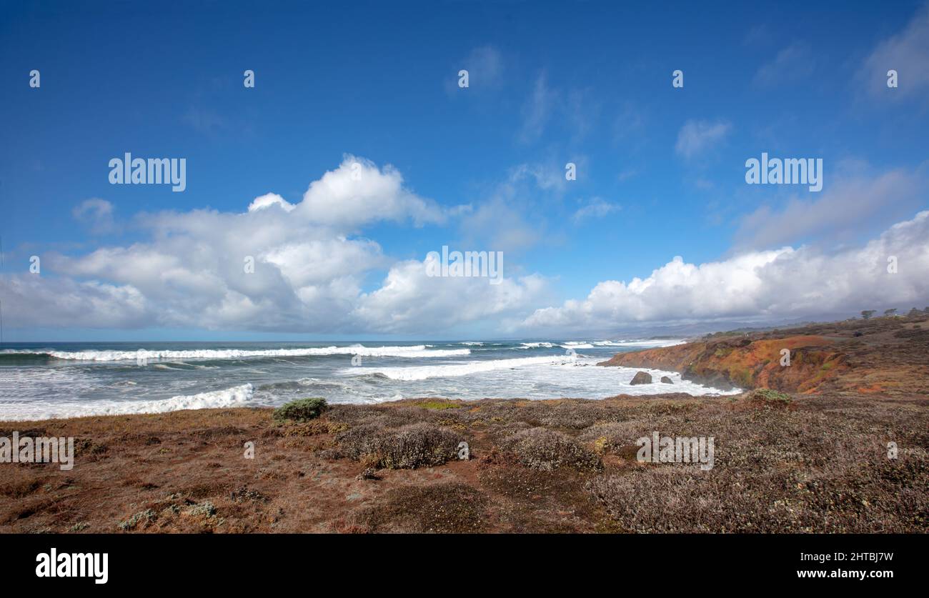 View of Pacific ocean from Bluff Trail at Fiscalini Ranch Preserve on the Rugged Central California coastline at Cambria California United States Stock Photo