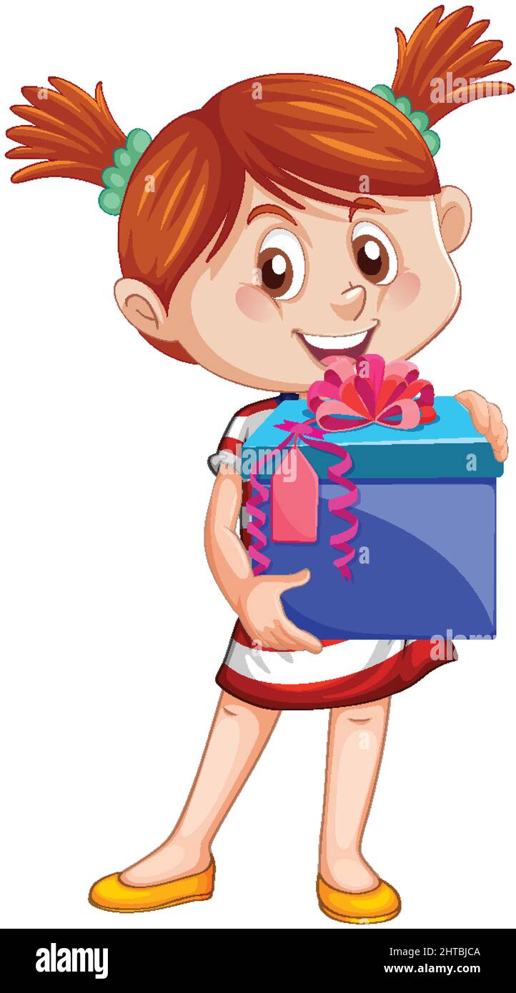 A girl holding a gift box cartoon character on white background