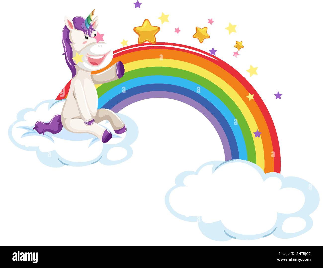 Unicorn sitting on a cloud with rainbow in cartoon style illustration ...