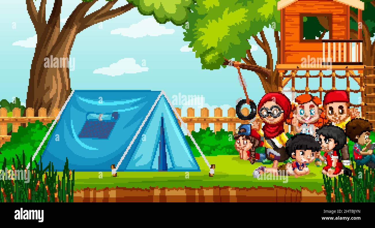 Scene with children camping in the park illustration Stock Vector Image ...