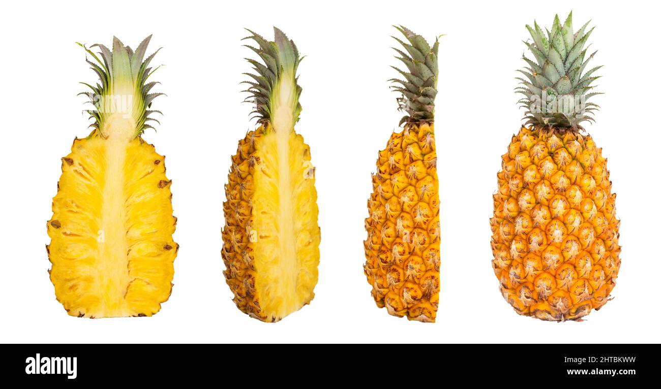 Collection of juicy ripe half pineapple isolated on white background ...