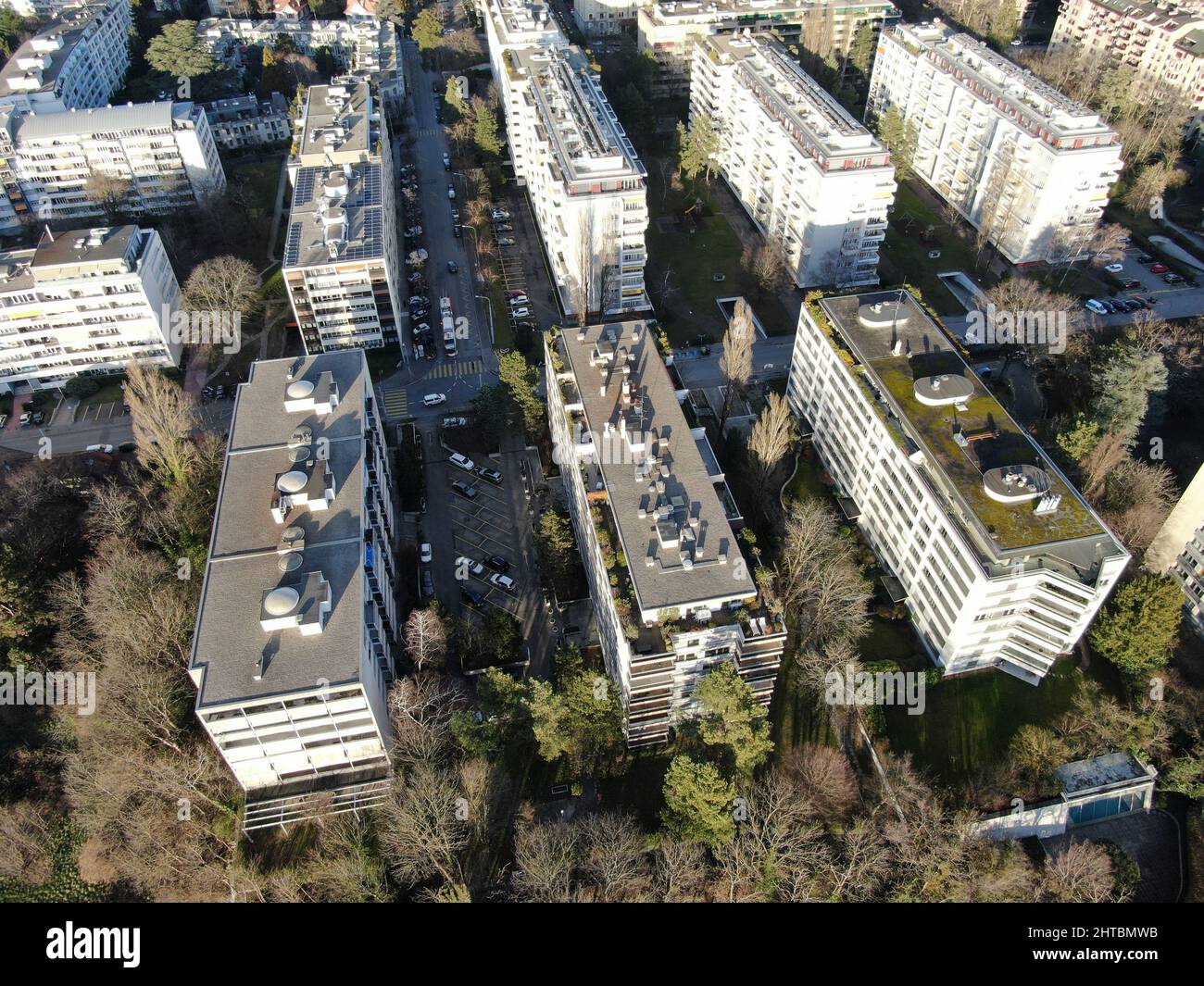 Aerial shot of an upscale neighborhood with apartment buildings in