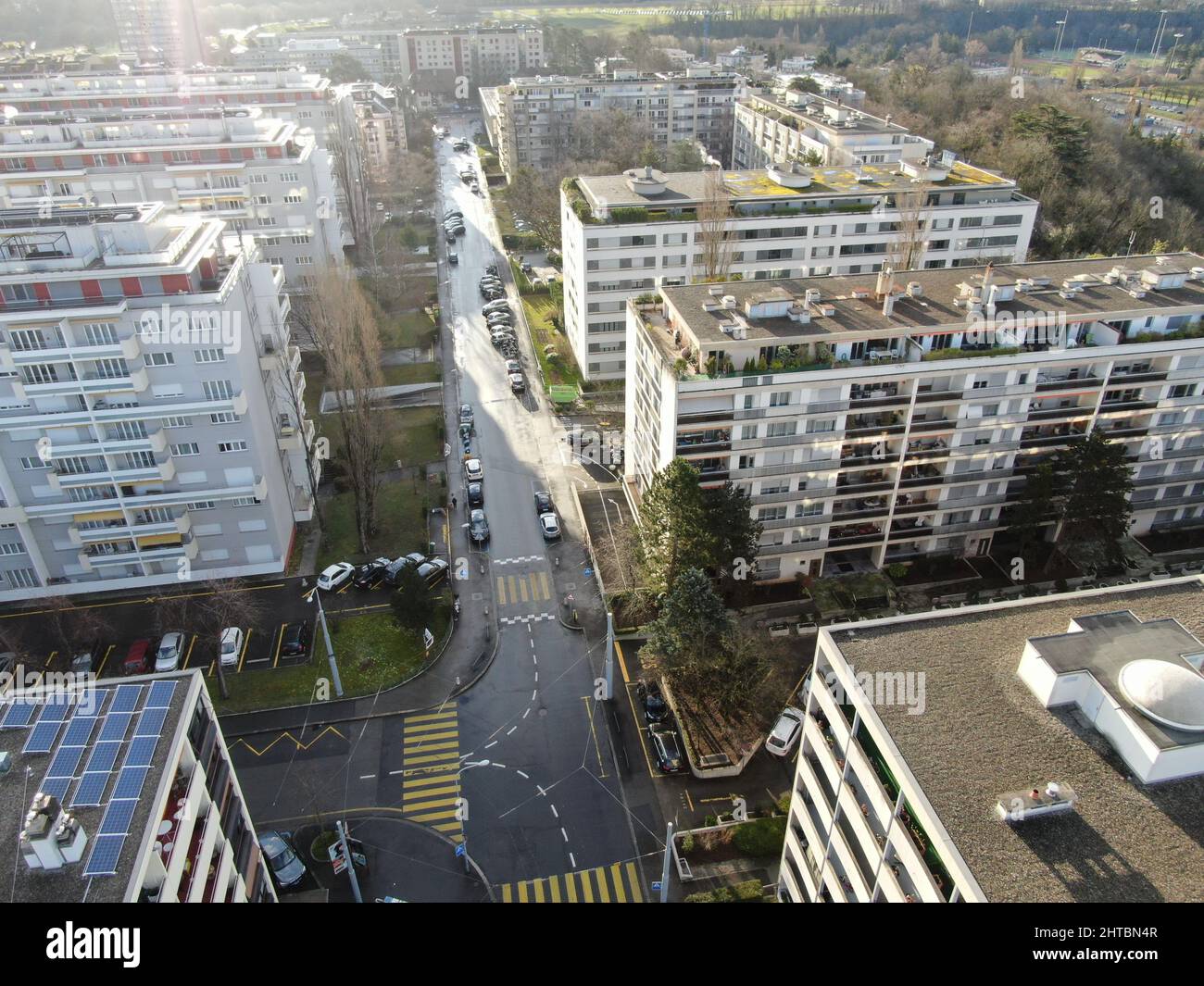 Aerial shot of an upscale neighborhood with apartment buildings in