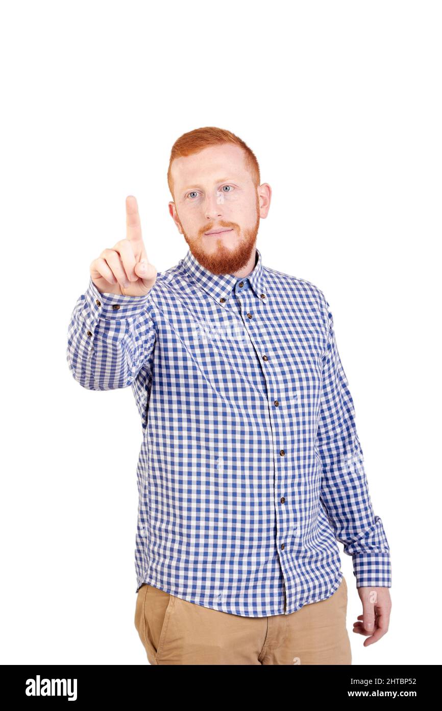 Caucasian red-haired and bearded man with touch screen imaging panel. High quality photo Stock Photo
