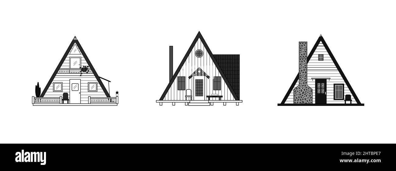 Set of black and white frame houses of different designs. Icons of modern cabins isolated on white background. Vector graphics. Stock Vector