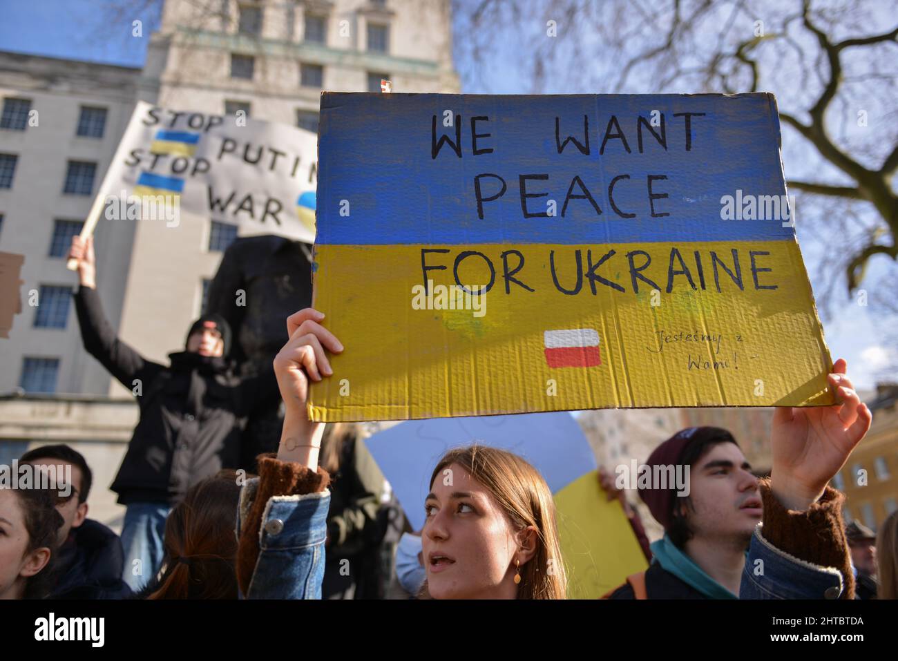 Ukrainians living in London and anti-war protesters, demonstrated opposite Downing Street against Russian invasion of Ukraine. Stock Photo