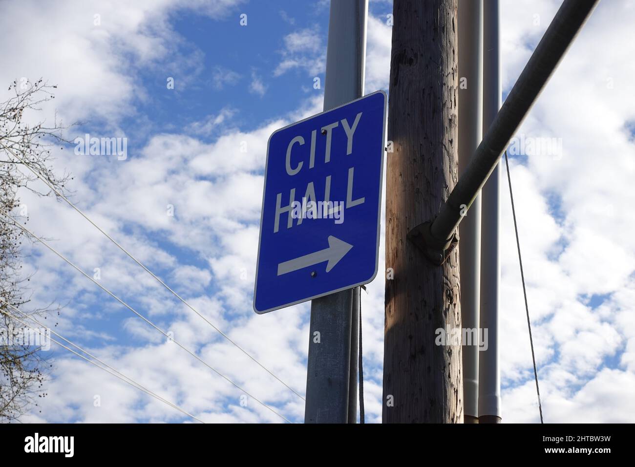 Low angle view of a blue city hall directional sign, pointing the direction of a local city's government building in the Pacific Northwest on a cloudy Stock Photo