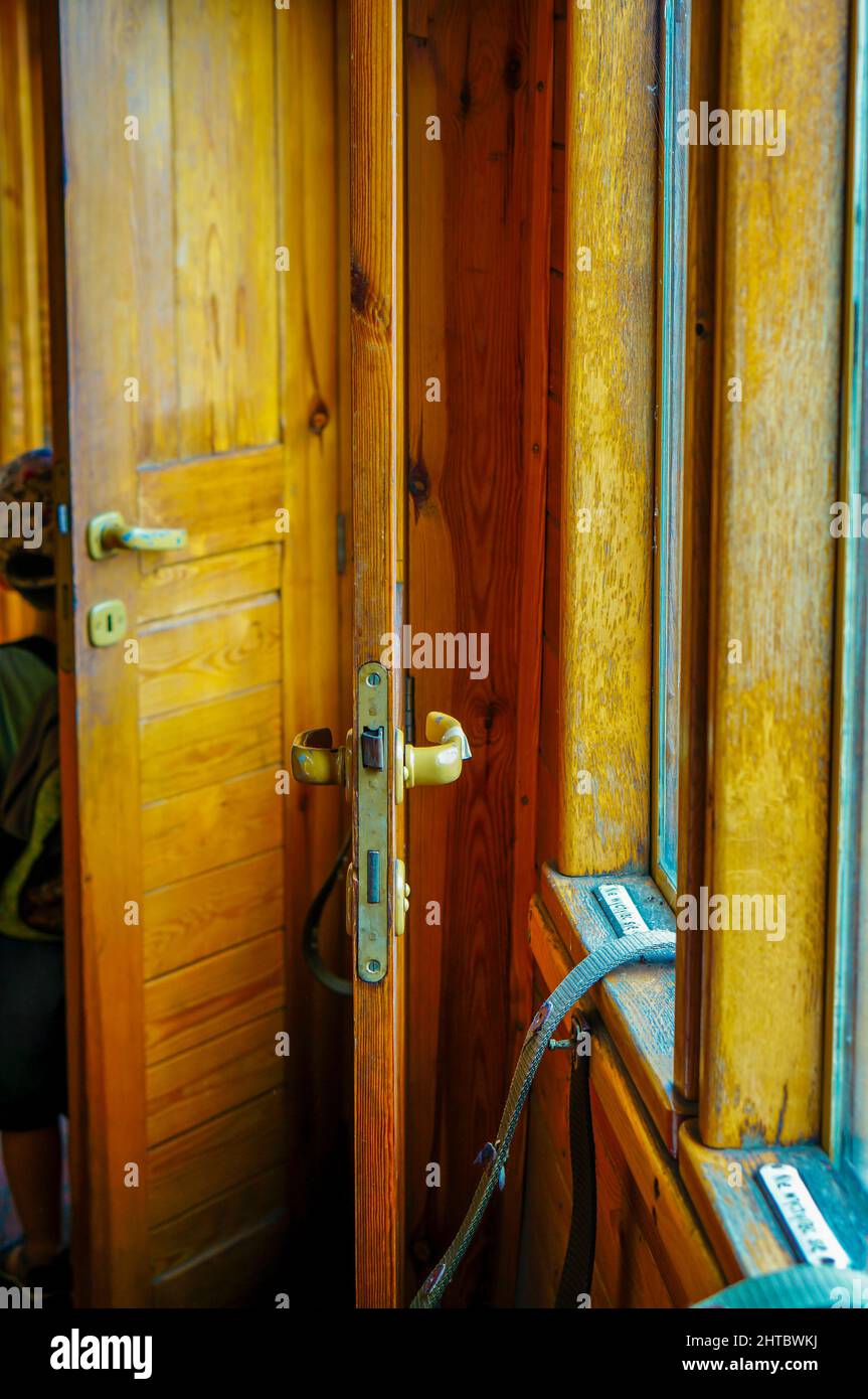 Wooden door of an old exibition train Stock Photo - Alamy