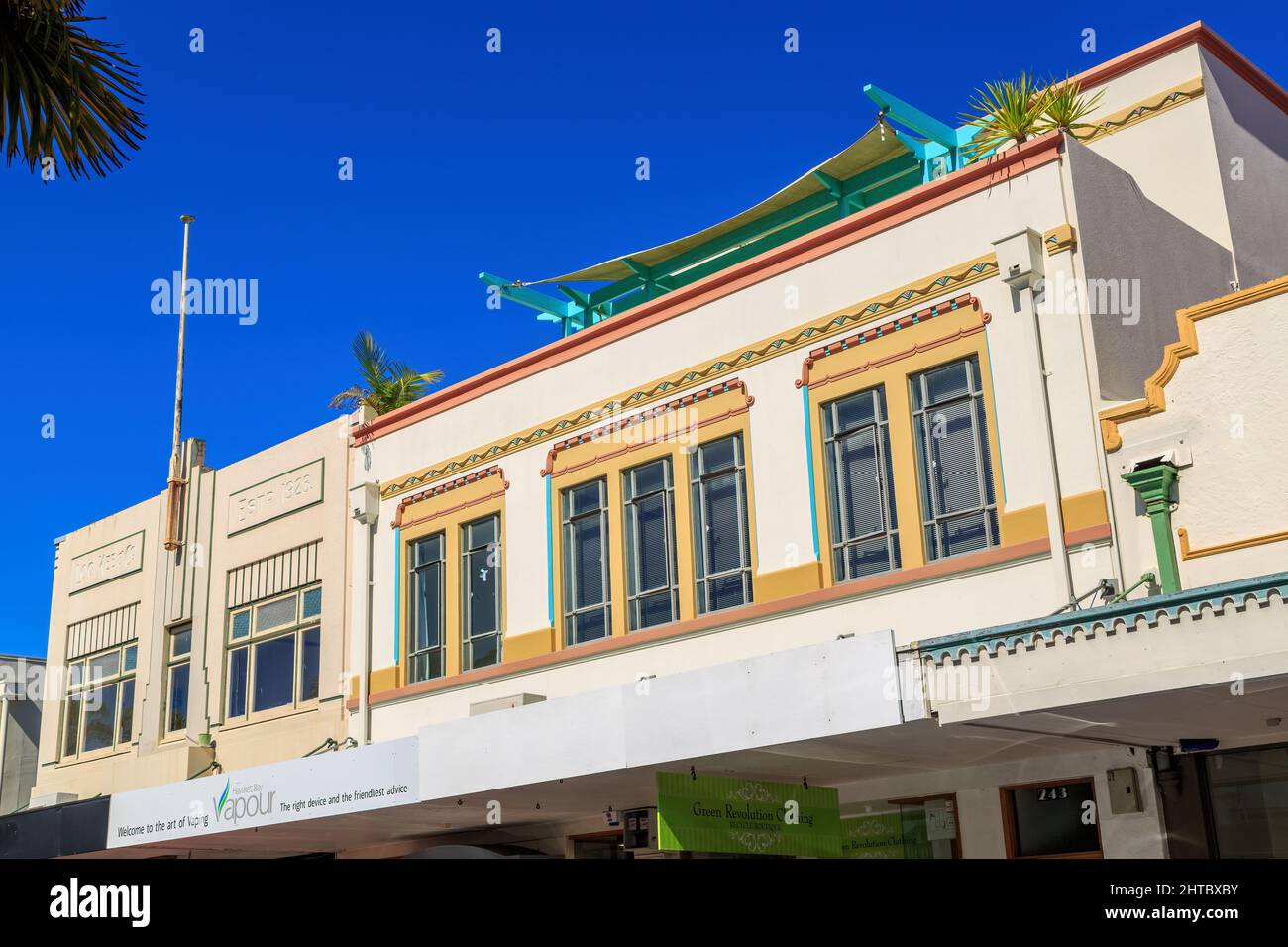 The 1930s Art Deco architecture of Napier, New Zealand. The Loo Kee and Co. and Boylands buildings on Emerson Street Stock Photo