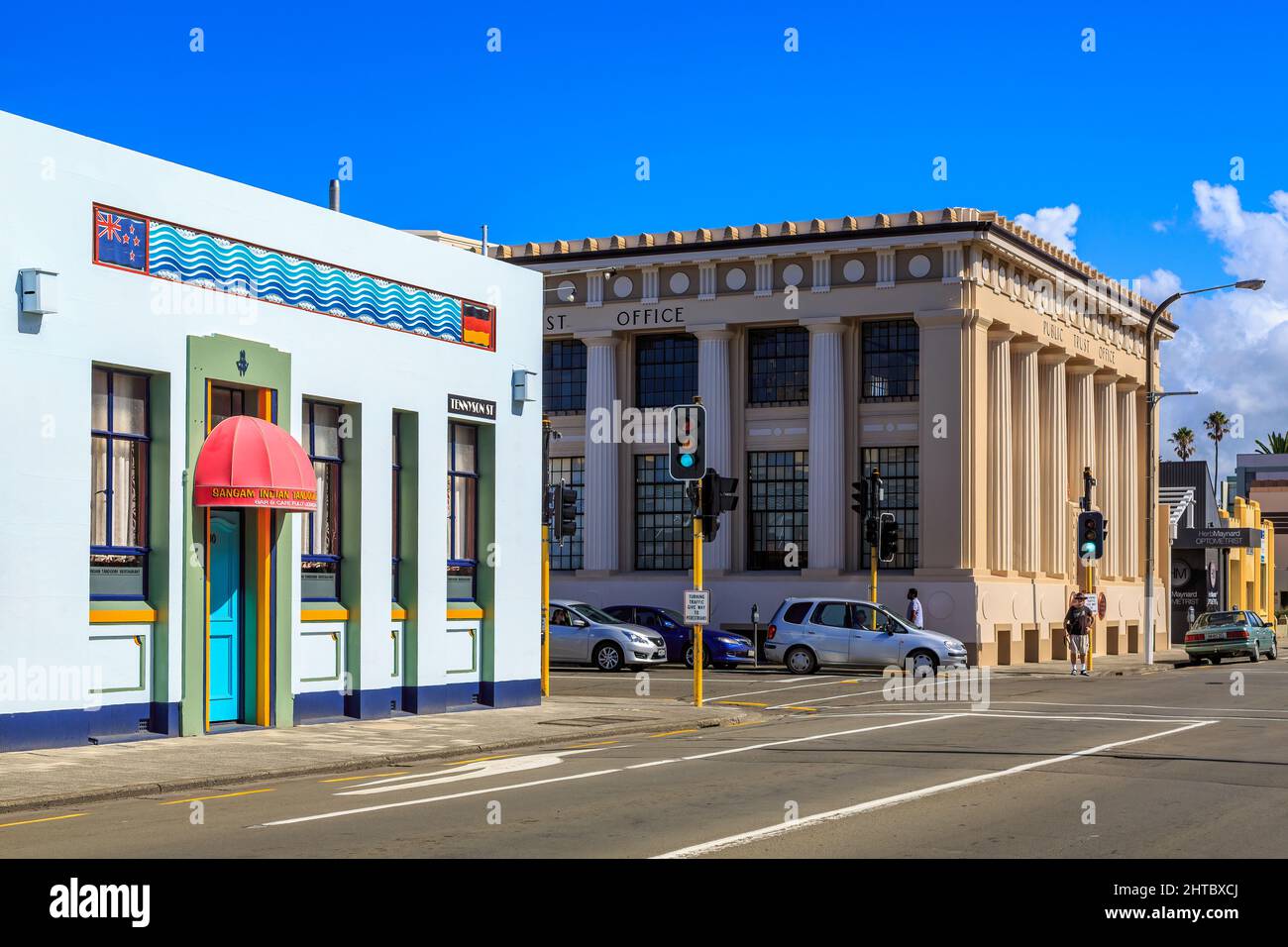 Historic buildings of Napier, New Zealand. The Hildebrant Building, a 1933 Art Deco structure, and the Public Trust Office, built 1922 Stock Photo