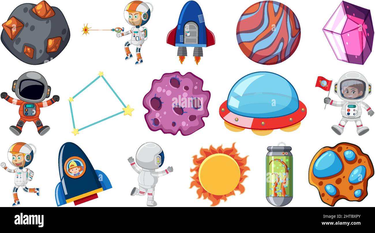 Set of isolated fantasy space game objects and elements illustration ...