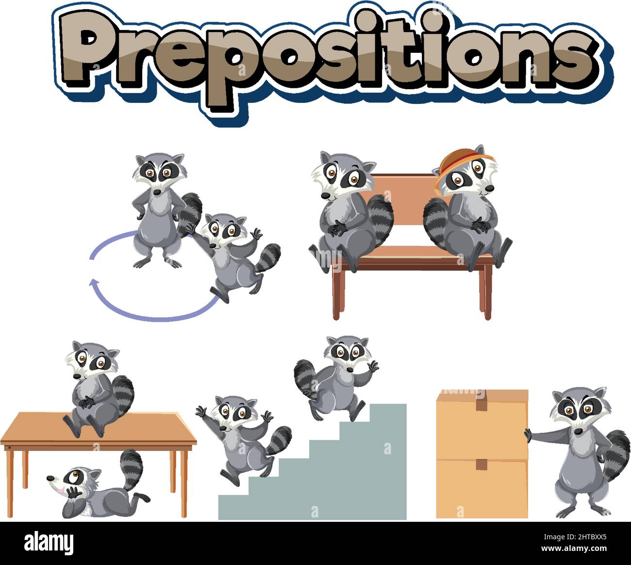 Prepostion wordcard design with movements of raccoon illustration Stock Vector
