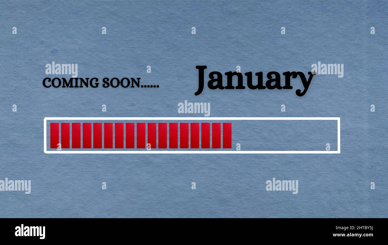 Top view of loading bar with text - Coming soon January. Light blue ...