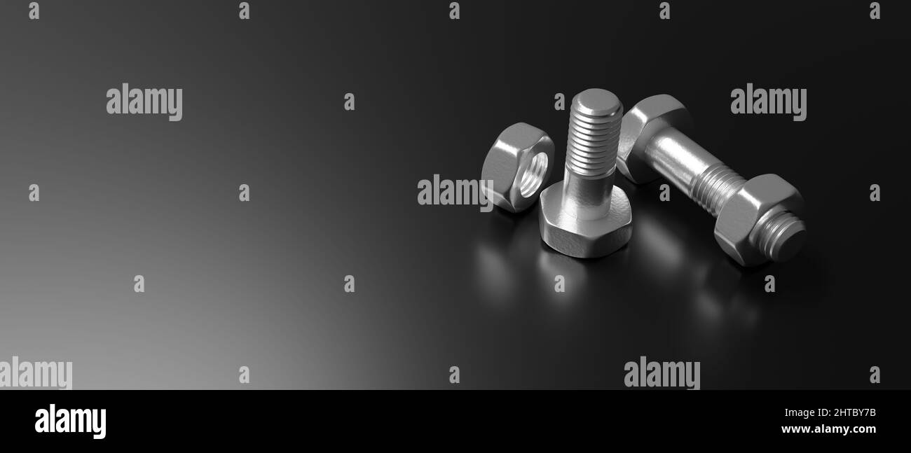 Bolts and nuts screw washer on black color background, Metal hardware engineering parts, banner, copy space. 3d render Stock Photo