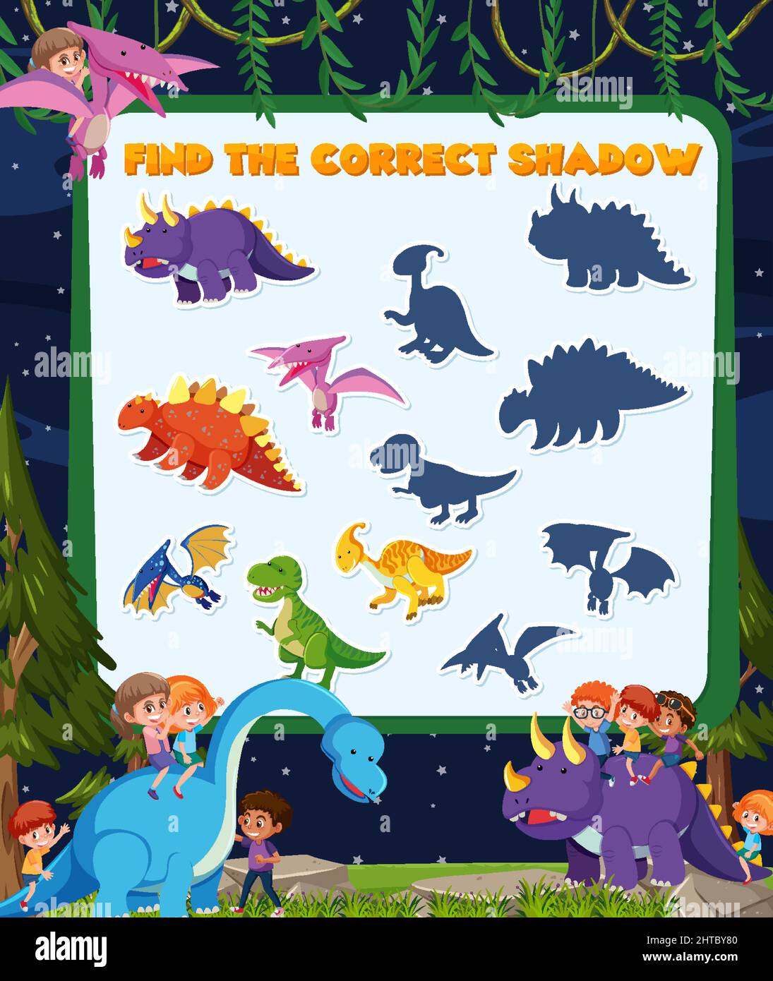 Find the correct shadow game template of dinosaur illustration Stock ...