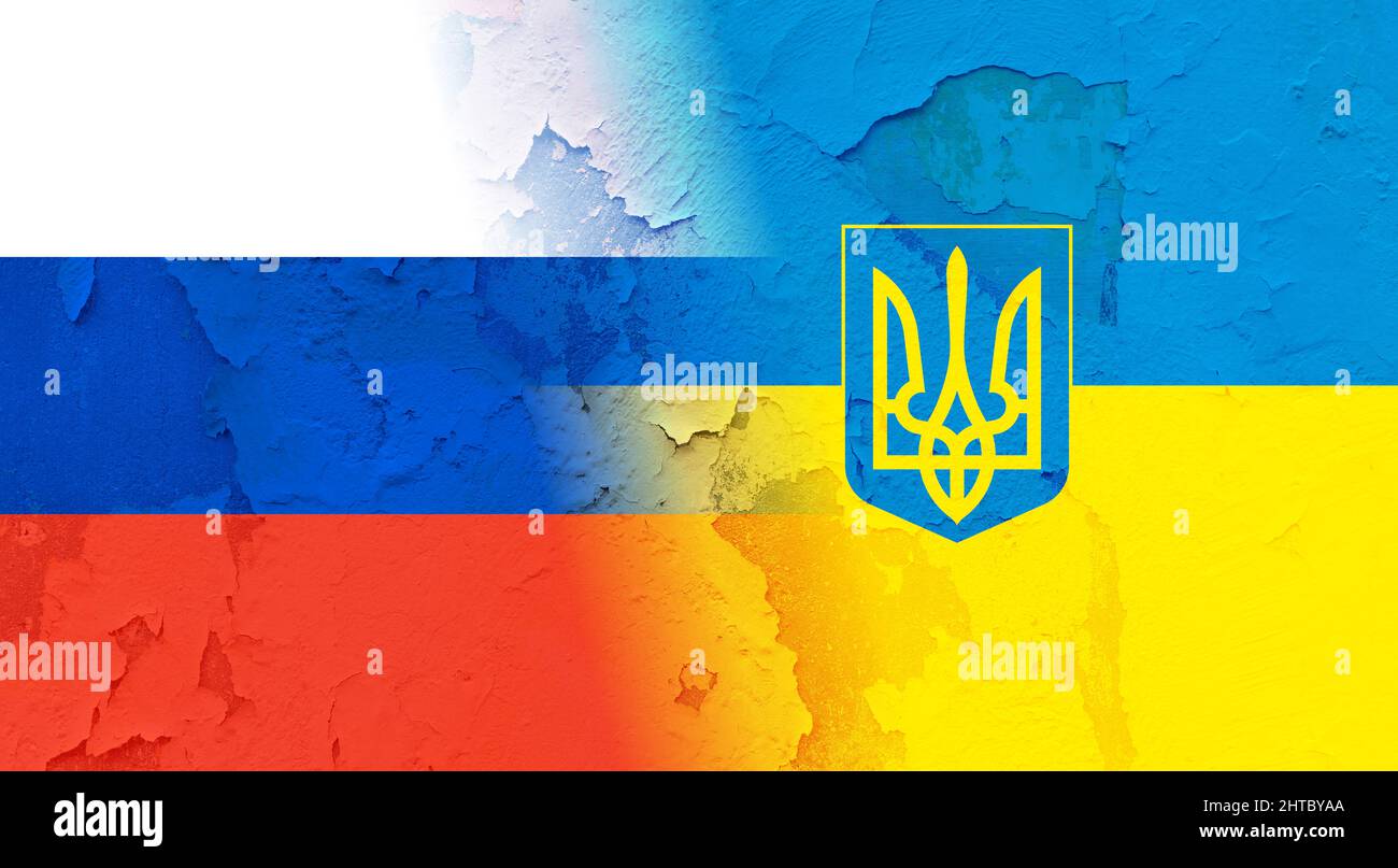 Russia vs Ukraine war. National flag on faded wall background. Ukrainian and Russian relation crisis concept. 3d render Stock Photo