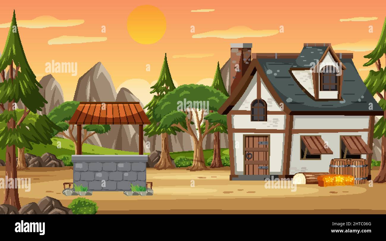 Medieval town scene with villagers illustration Stock Vector Image ...
