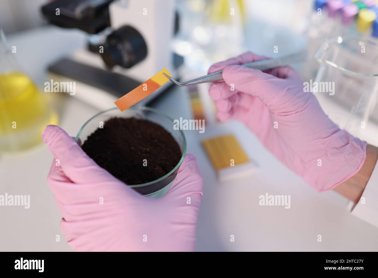 Researcher hold small glass flask with soil, performing ph test strip ...