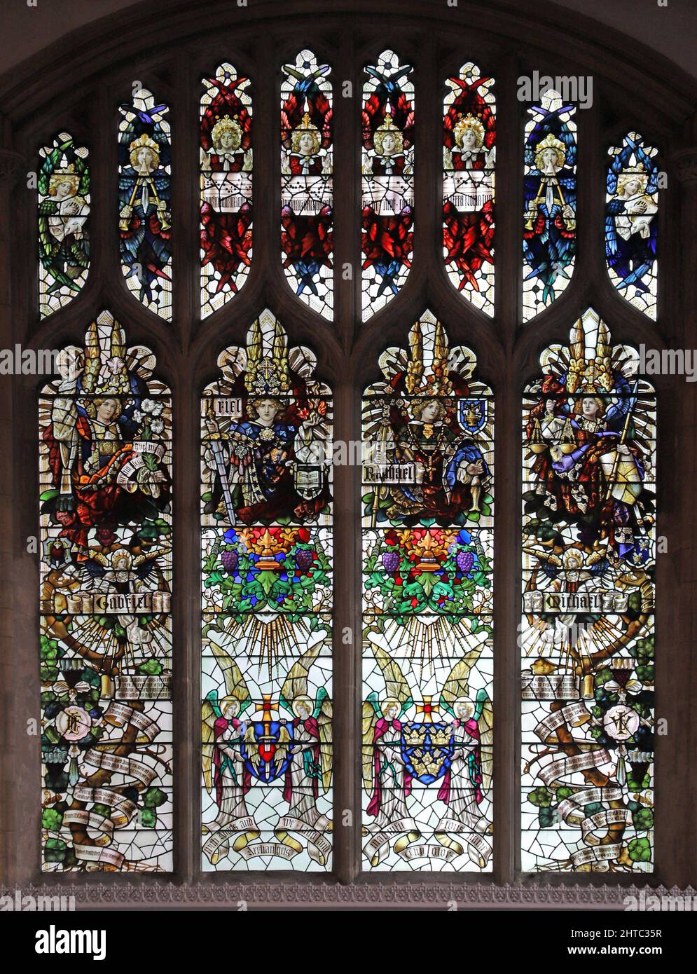 Stained glass window by Percy Bacon & Brothers depicting the Archangels